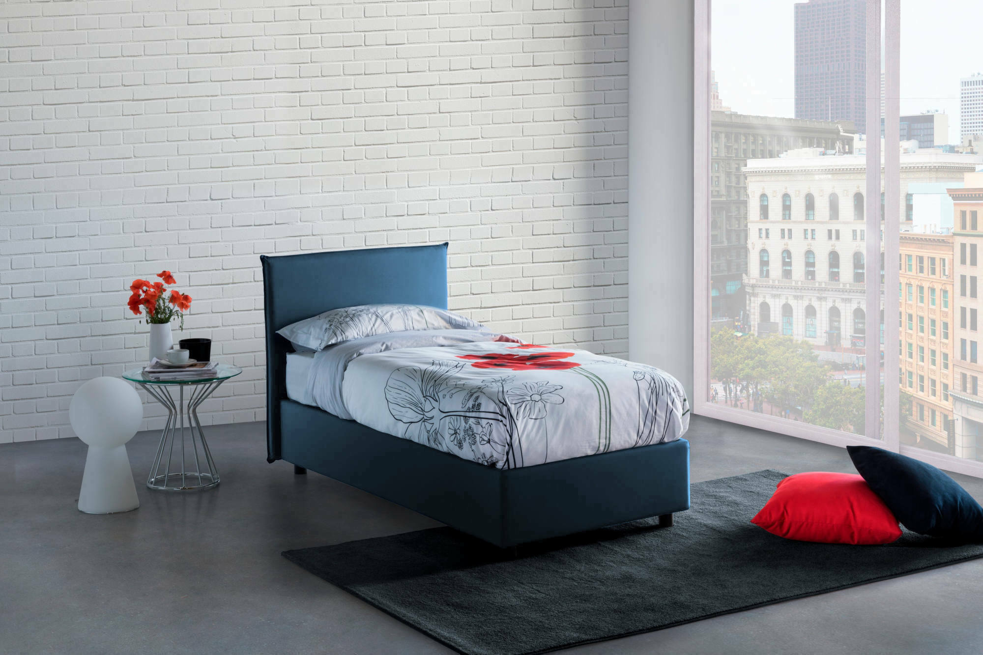 Letto singolo Carola, Letto contenitore con rivestimento in tessuto, Made in Italy, Apertura laterale, con materasso cm 80x190 incluso, Blu