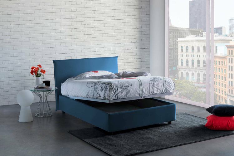 Letto piazza e mezza Ashasa, Letto contenitore con rivestimento in tessuto, Made in Italy, Apertura frontale, adatto per materasso cm 120x190, Blu