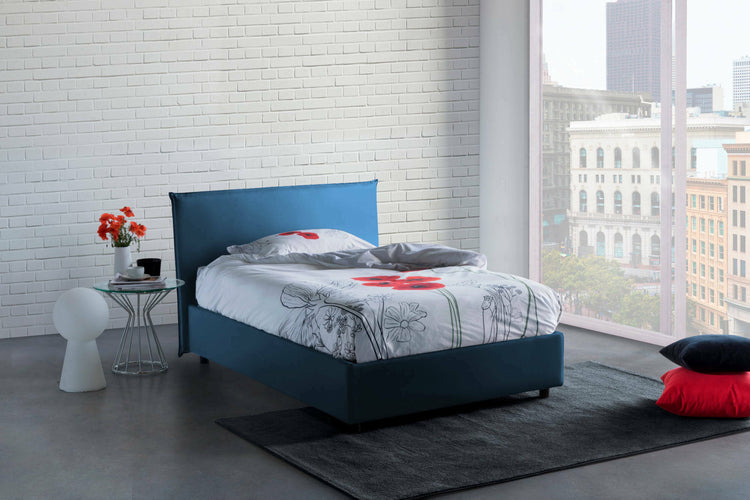 Letto piazza e mezza Ashasa, Letto contenitore con rivestimento in tessuto, Made in Italy, Apertura frontale, adatto per materasso cm 120x190, Blu