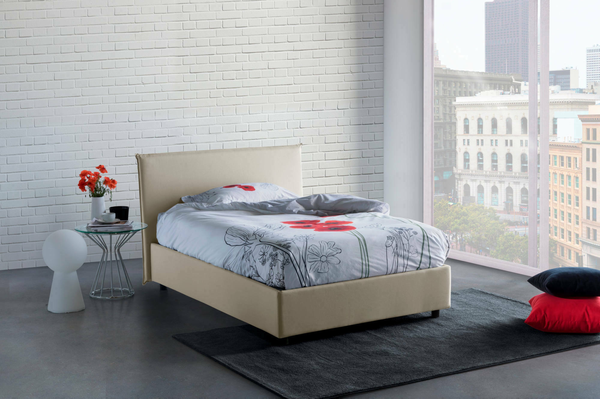 Letto piazza e mezza Ashasa, Letto contenitore con rivestimento in tessuto, Made in Italy, Apertura frontale, adatto per materasso cm 120x190, Beige