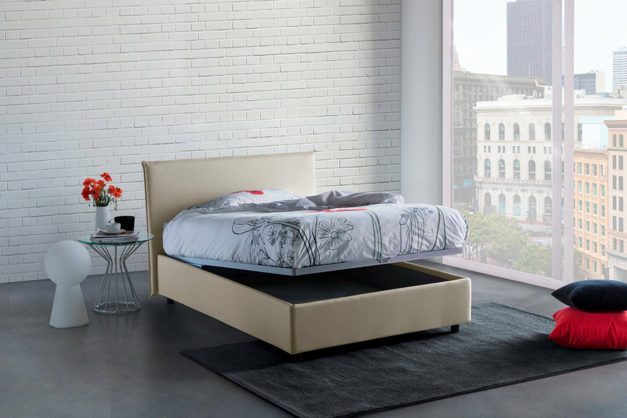 Letto piazza e mezza Ashasa, Letto contenitore con rivestimento in tessuto, Made in Italy, Apertura frontale, adatto per materasso cm 120x190, Beige