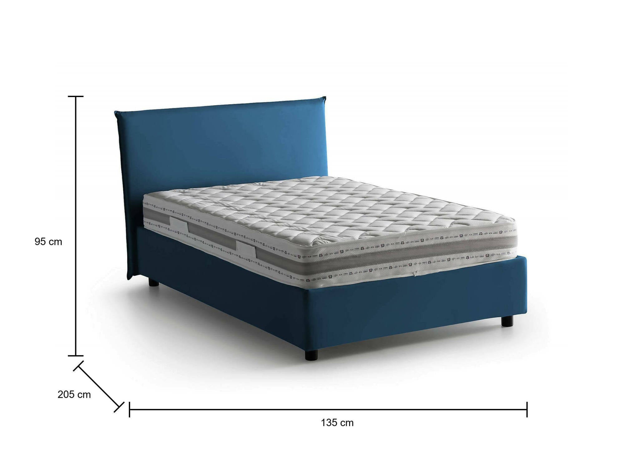 Letto piazza e mezza Asmara, Letto contenitore con rivestimento in tessuto, Made in Italy, Apertura frontale, con materasso cm 120x190 incluso, Blu