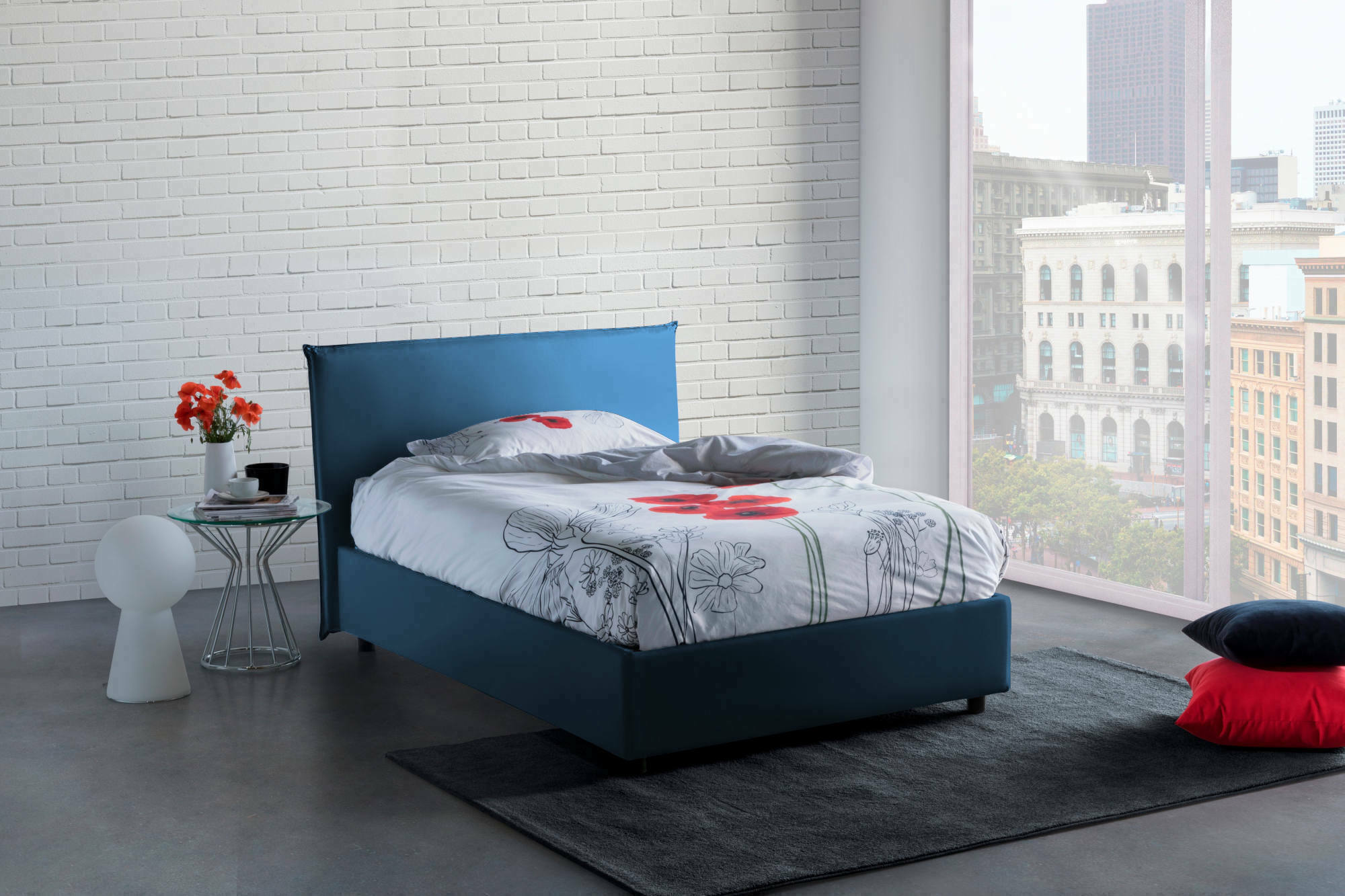 Letto piazza e mezza Asmara, Letto contenitore con rivestimento in tessuto, Made in Italy, Apertura frontale, con materasso cm 120x190 incluso, Blu