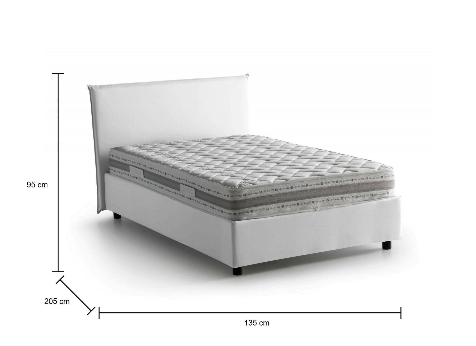 Letto piazza e mezza Asmara, Letto contenitore con rivestimento in tessuto, Made in Italy, Apertura frontale, con materasso cm 120x190 incluso, Bianco