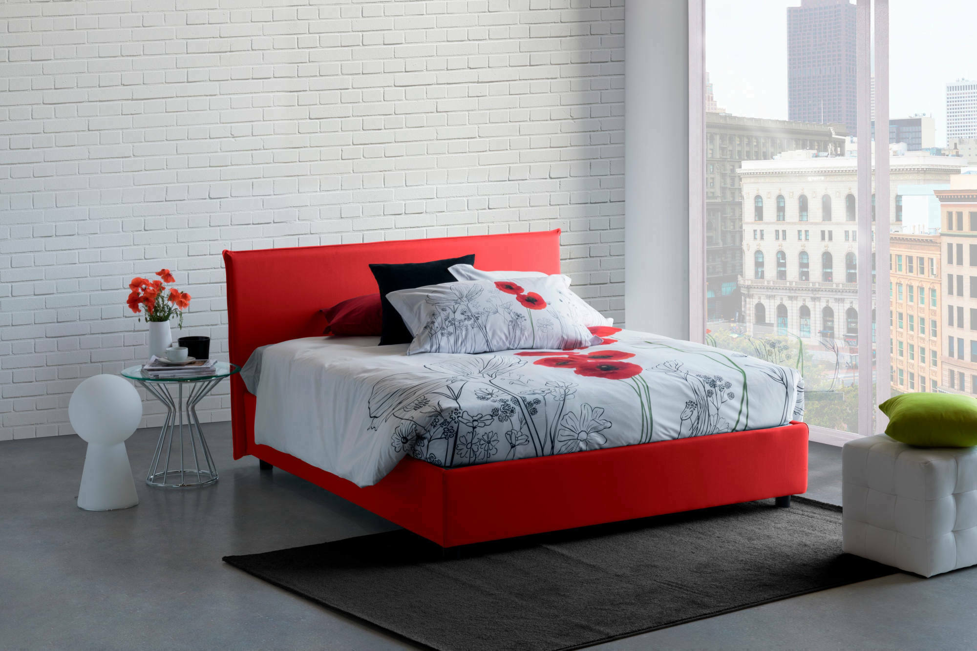 Letto matrimoniale Bibiana, Letto contenitore con rivestimento in tessuto, Made in Italy, Apertura frontale, con materasso cm 160x190 incluso, Rosso