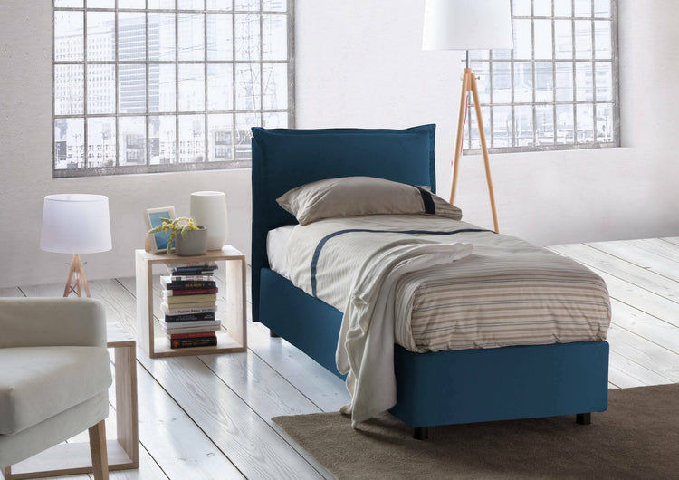 Letto singolo Carolina, Letto contenitore con rivestimento in tessuto, Made in Italy, Apertura frontale, con materasso cm 80x190 incluso, Blu