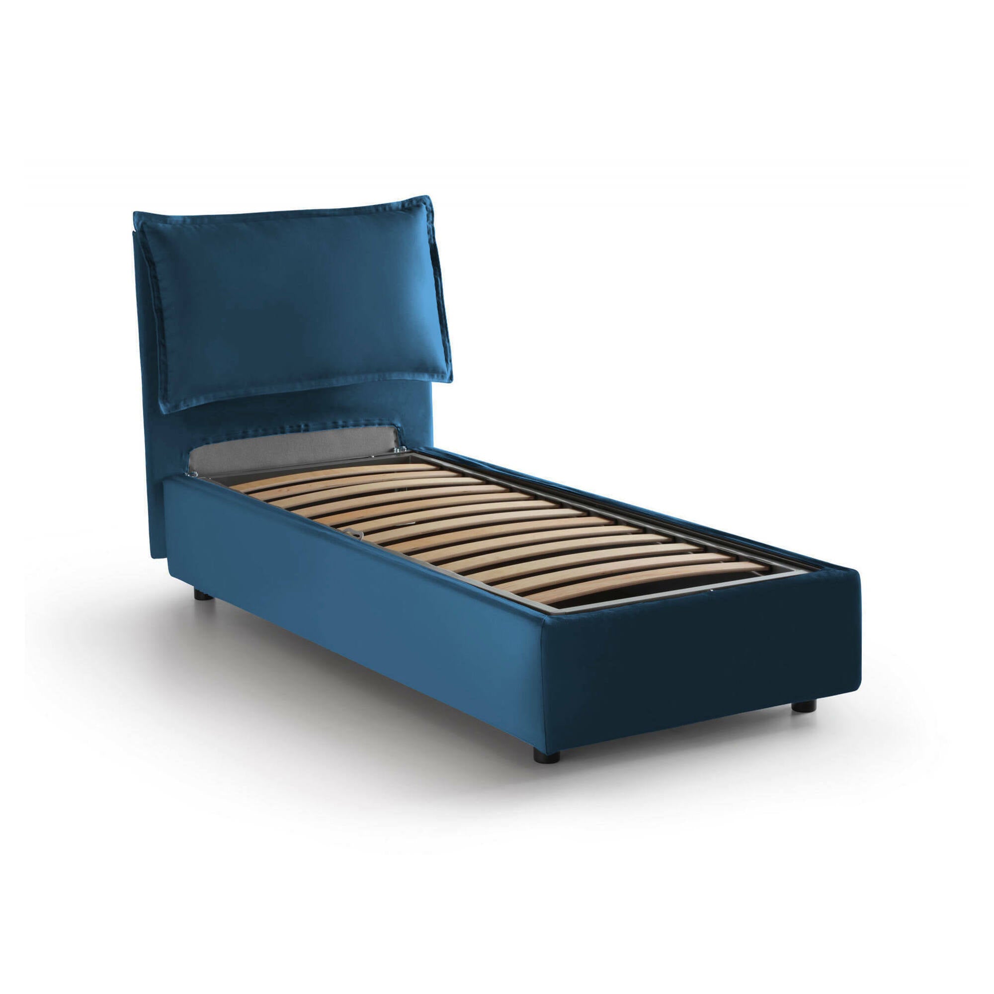 Letto singolo Luna, Letto contenitore con rivestimento in tessuto, Made in Italy, Apertura laterale, adatto per materasso cm 80x190, Blu