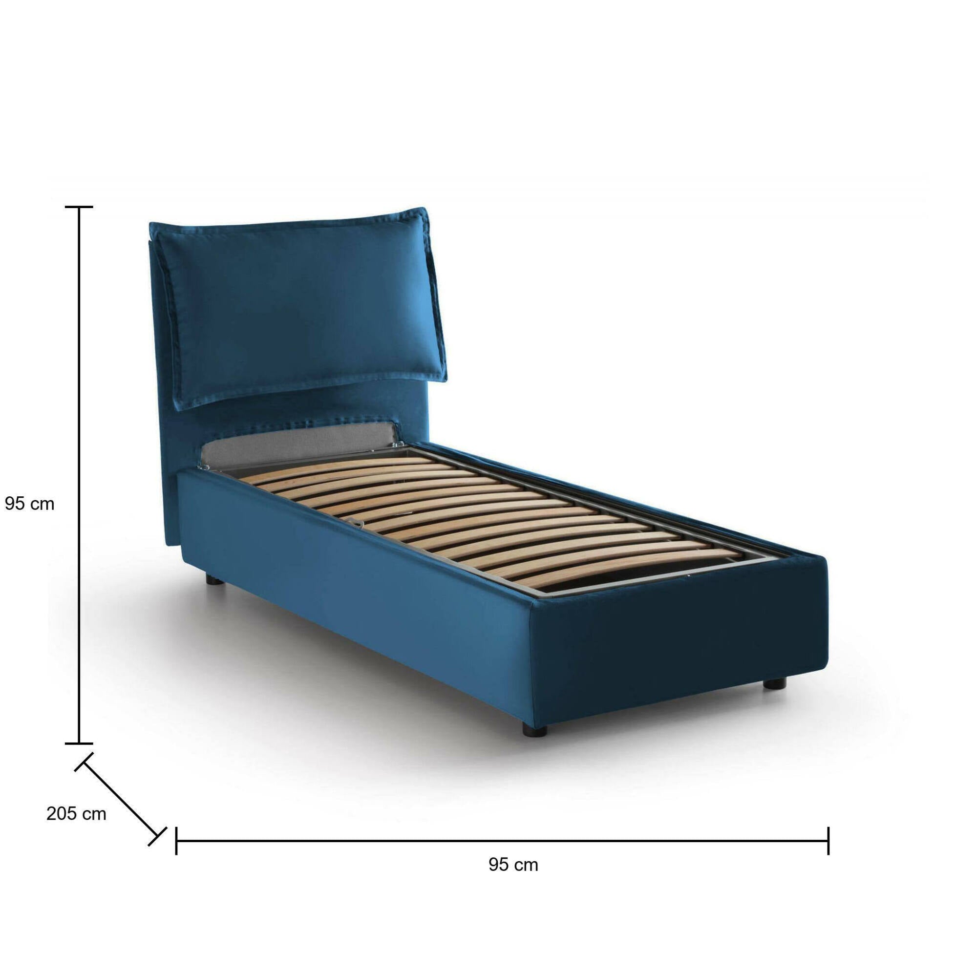 Letto singolo Luna, Letto contenitore con rivestimento in tessuto, Made in Italy, Apertura laterale, adatto per materasso cm 80x190, Blu