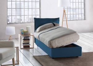 Letto singolo Luna, Letto contenitore con rivestimento in tessuto, Made in Italy, Apertura laterale, adatto per materasso cm 80x190, Blu