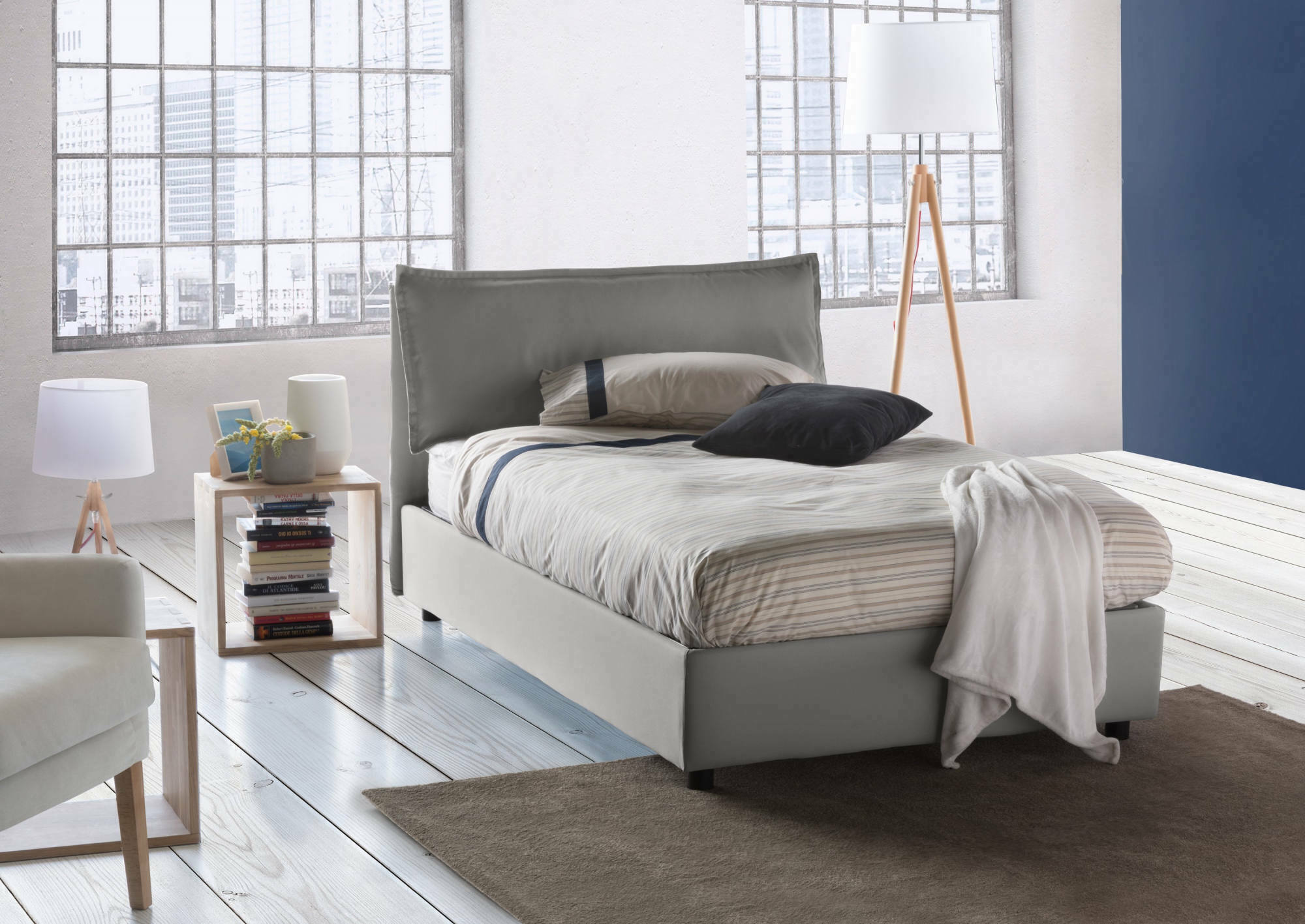 Letto piazza e mezza Gloria, Letto contenitore con rivestimento in tessuto, Made in Italy, Apertura frontale, adatto per materasso cm 120x190, Grigio