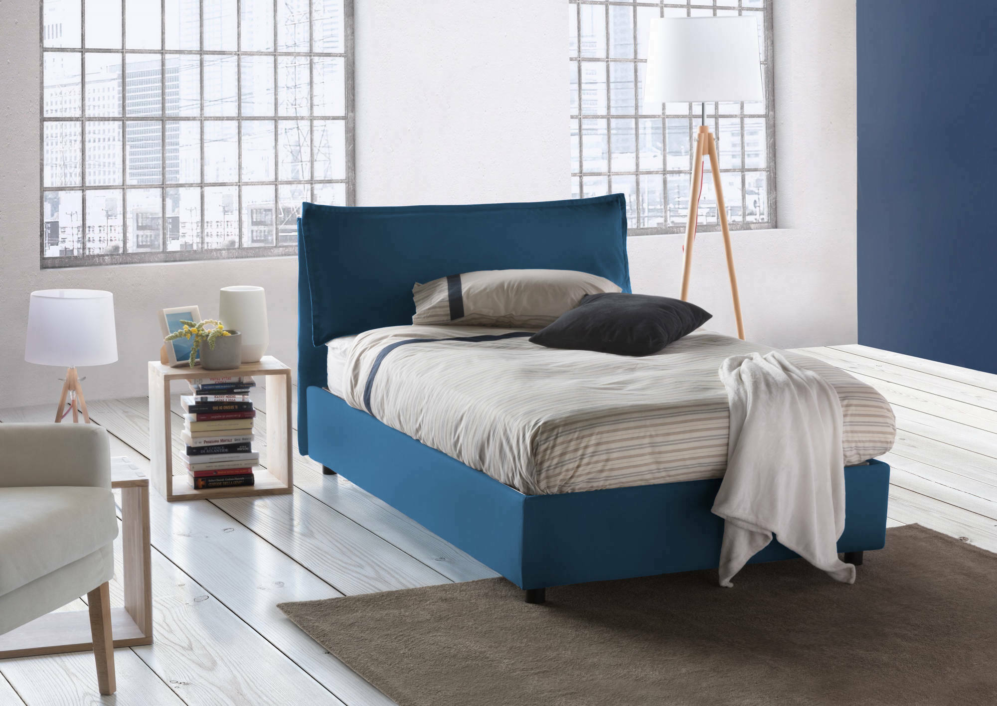 Letto piazza e mezza Desirée, Letto contenitore con rivestimento in tessuto, Made in Italy, Apertura frontale, con materasso cm 120x190 incluso, Blu