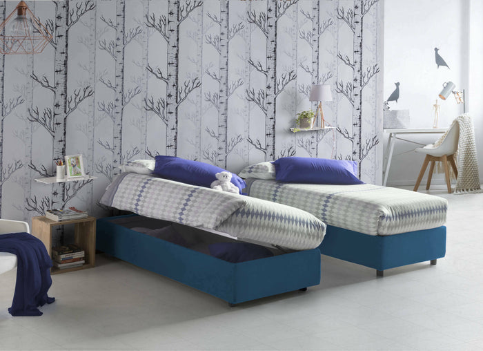 Letto singolo Melissa, Letto contenitore con rivestimento in tessuto, Made in Italy, Apertura laterale, adatto per materasso cm 80x190, Blu