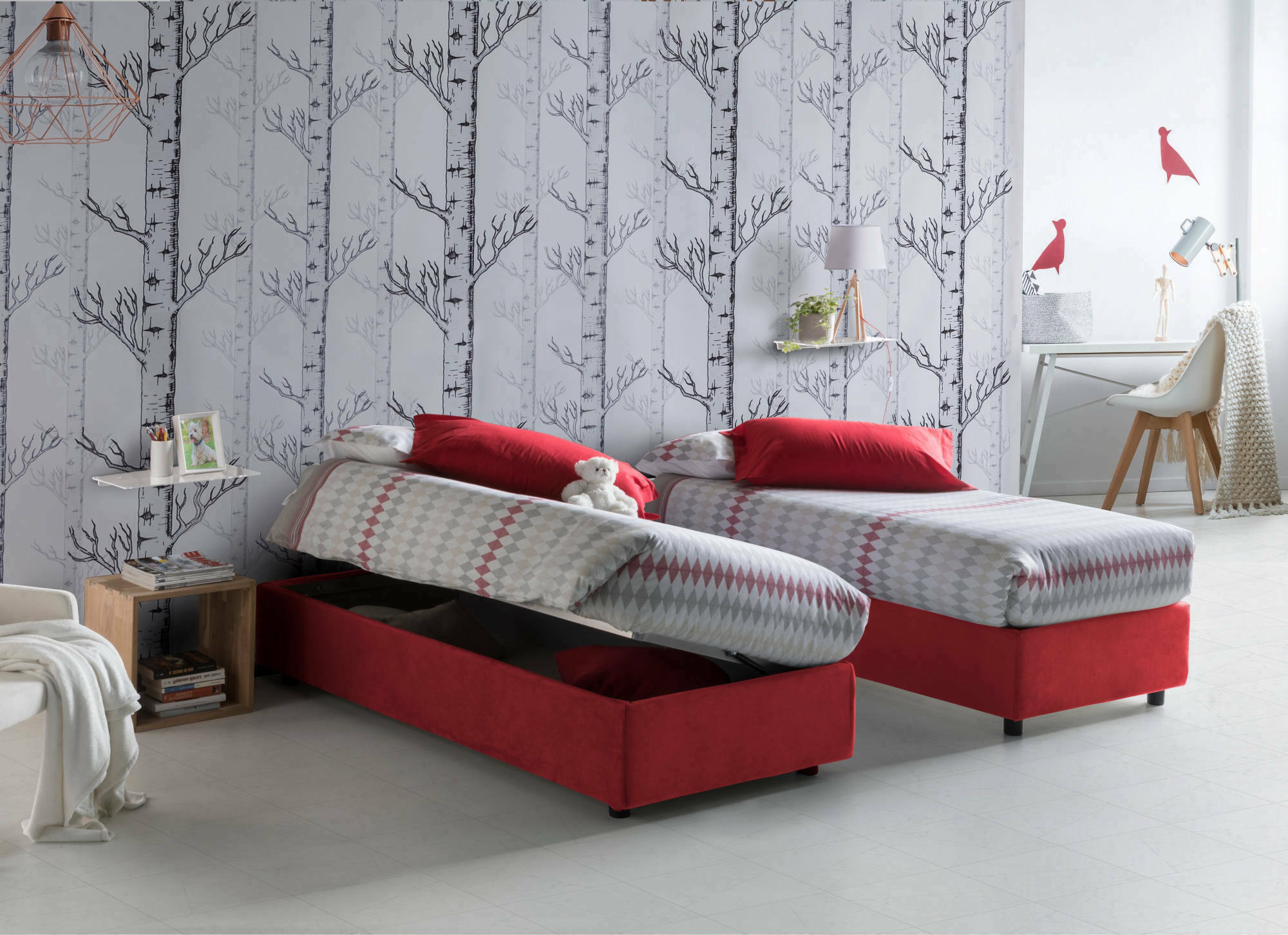 Letto singolo Melissa, Letto contenitore con rivestimento in tessuto, Made in Italy, Apertura laterale, adatto per materasso cm 80x190, Rosso