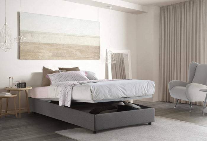 Letto piazza e mezza Nicole, Letto contenitore con rivestimento in tessuto, Made in Italy, Apertura frontale, adatto per materasso cm 120x190, Grigio