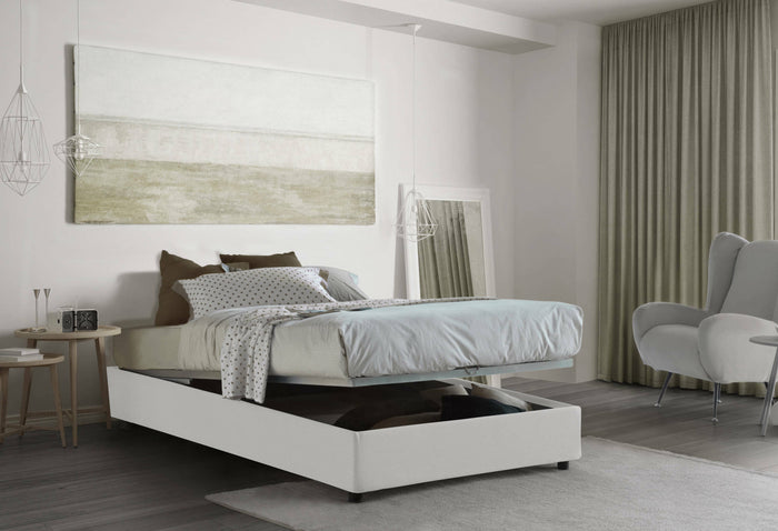 Letto piazza e mezza Nicole, Letto contenitore con rivestimento in tessuto, Made in Italy, Apertura frontale, adatto per materasso cm 120x190, Bianco