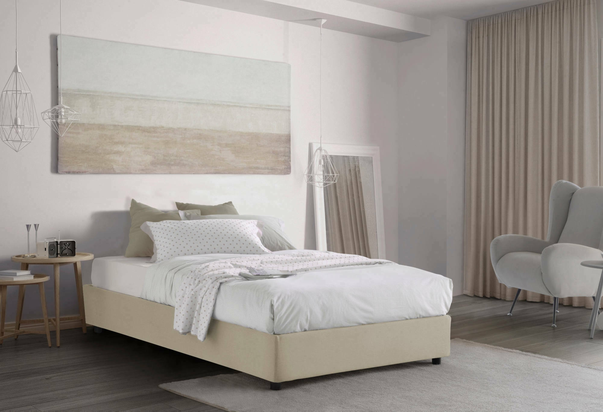 Letto piazza e mezza Gaia, Letto contenitore con rivestimento in tessuto, Made in Italy, Apertura laterale, con materasso cm 120x190 incluso, Beige