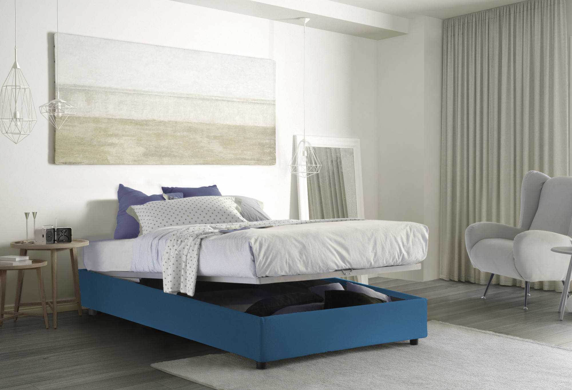 Letto matrimoniale Maria, Letto contenitore con rivestimento in tessuto, Made in Italy, Apertura frontale, adatto per materasso cm 160x200, Blu