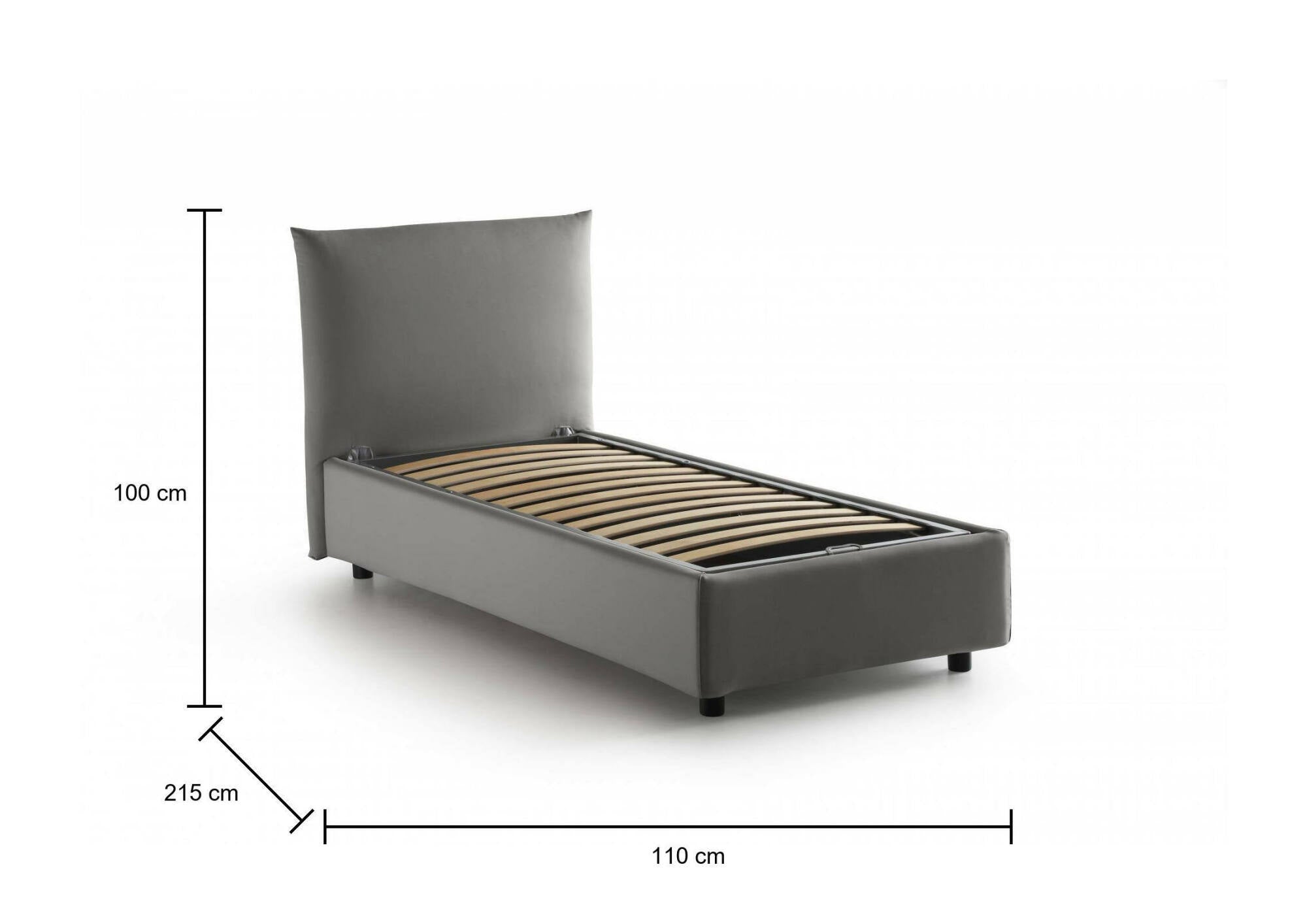 Letto singolo Clarissa, Letto contenitore con rivestimento in tessuto, Made in Italy, Apertura frontale, adatto per materasso cm 80x190, Grigio