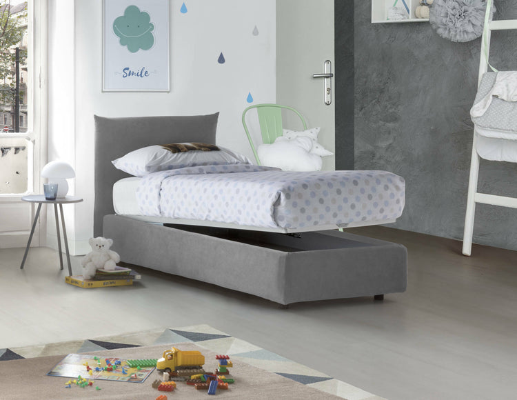 Letto singolo Clarissa, Letto contenitore con rivestimento in tessuto, Made in Italy, Apertura frontale, adatto per materasso cm 80x190, Grigio