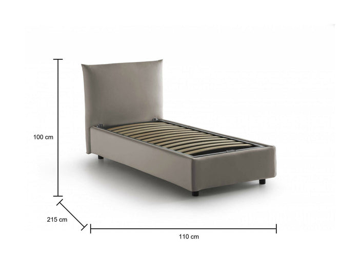 Letto singolo Clarissa, Letto contenitore con rivestimento in tessuto, Made in Italy, Apertura frontale, adatto per materasso cm 80x190, Tortora