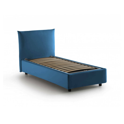 Letto singolo Marina, Letto contenitore con rivestimento in tessuto, Made in Italy, Apertura laterale, adatto per materasso cm 80x190, Blu