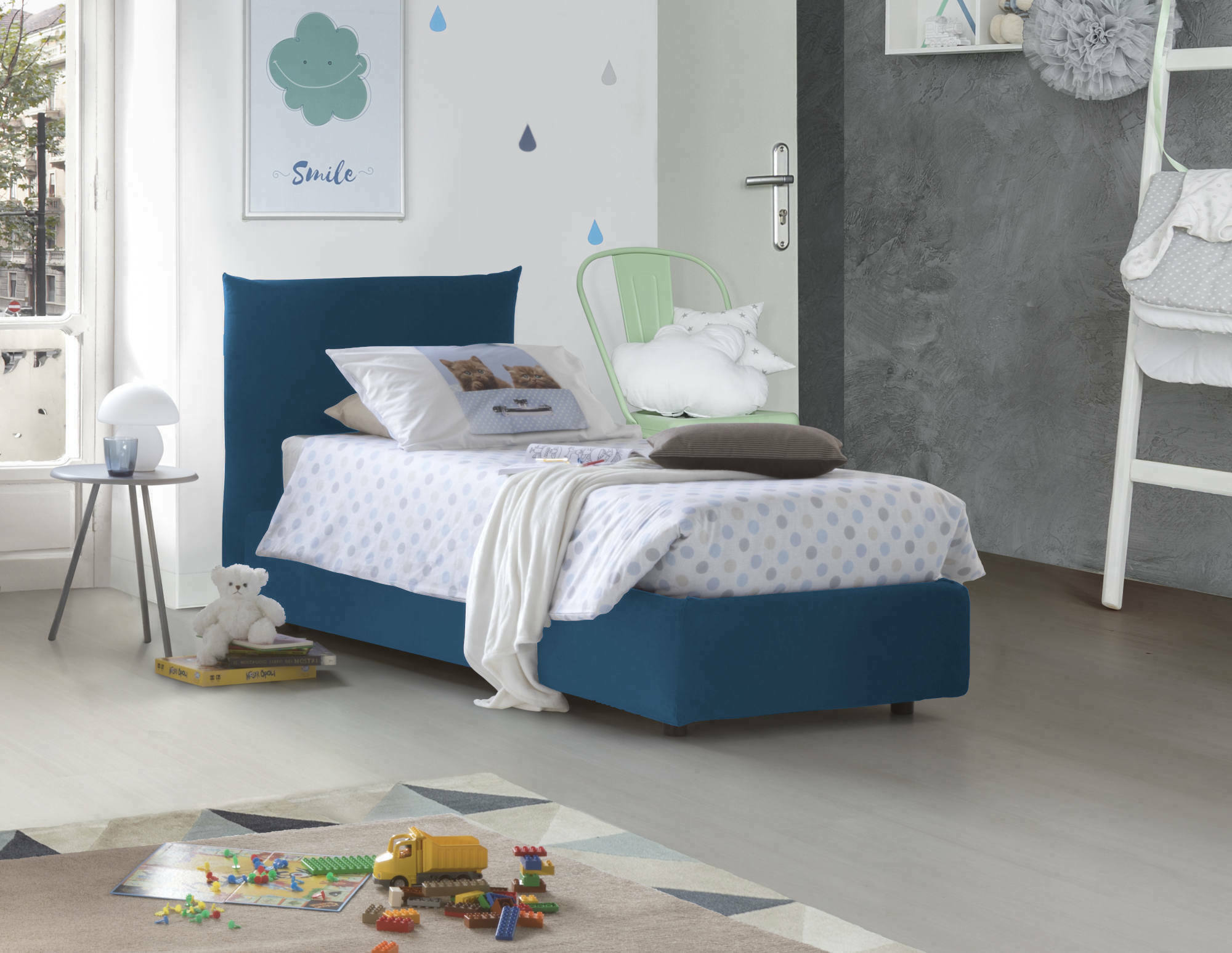 Letto singolo Marina, Letto contenitore con rivestimento in tessuto, Made in Italy, Apertura laterale, adatto per materasso cm 80x190, Blu