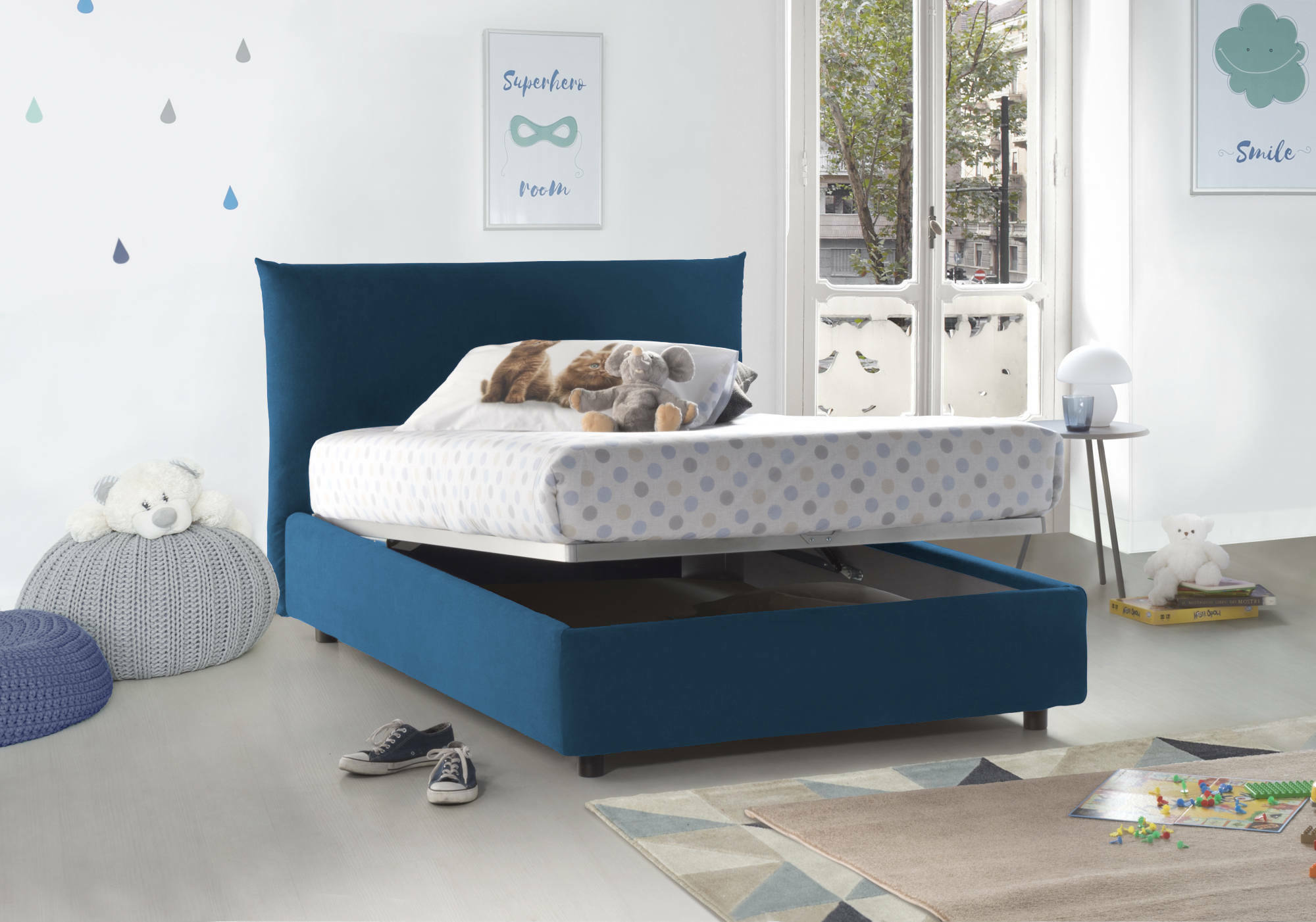 Letto piazza e mezza Ornella, Letto contenitore con rivestimento in tessuto, Made in Italy, Apertura frontale, adatto per materasso cm 120x190, Blu