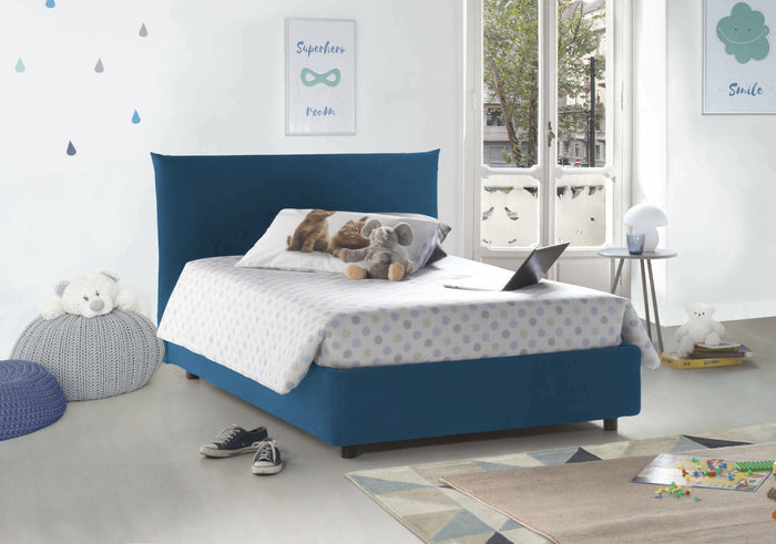 Letto piazza e mezza Ornella, Letto contenitore con rivestimento in tessuto, Made in Italy, Apertura frontale, adatto per materasso cm 120x190, Blu