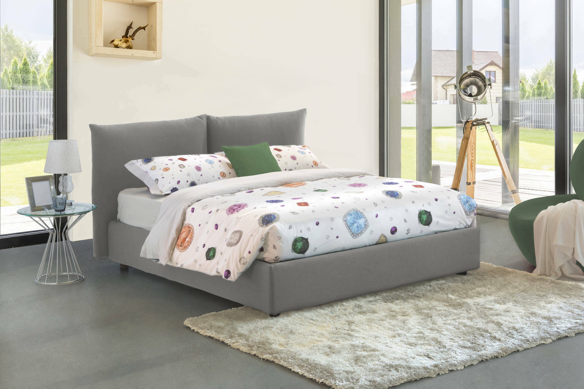 Letto matrimoniale Tiziana, Letto contenitore con rivestimento in tessuto, Made in Italy, Apertura frontale, adatto per materasso cm 160x190, Grigio