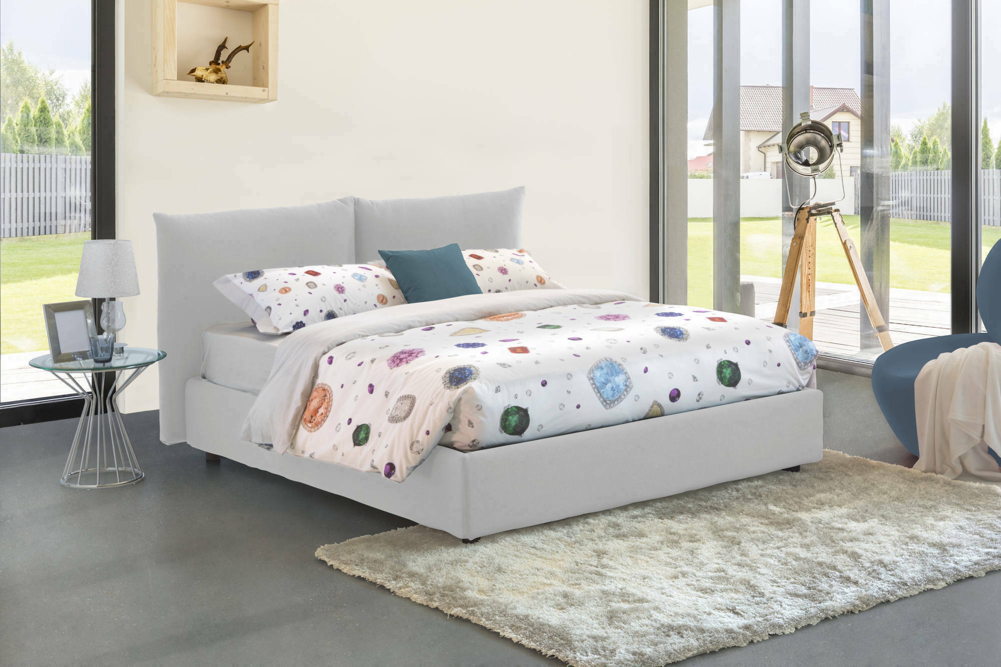 Letto matrimoniale Tiziana, Letto contenitore con rivestimento in tessuto, Made in Italy, Apertura frontale, adatto per materasso cm 160x190, Bianco