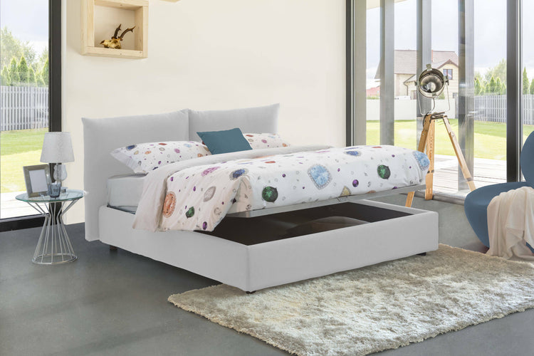 Letto matrimoniale Tiziana, Letto contenitore con rivestimento in tessuto, Made in Italy, Apertura frontale, adatto per materasso cm 160x190, Bianco