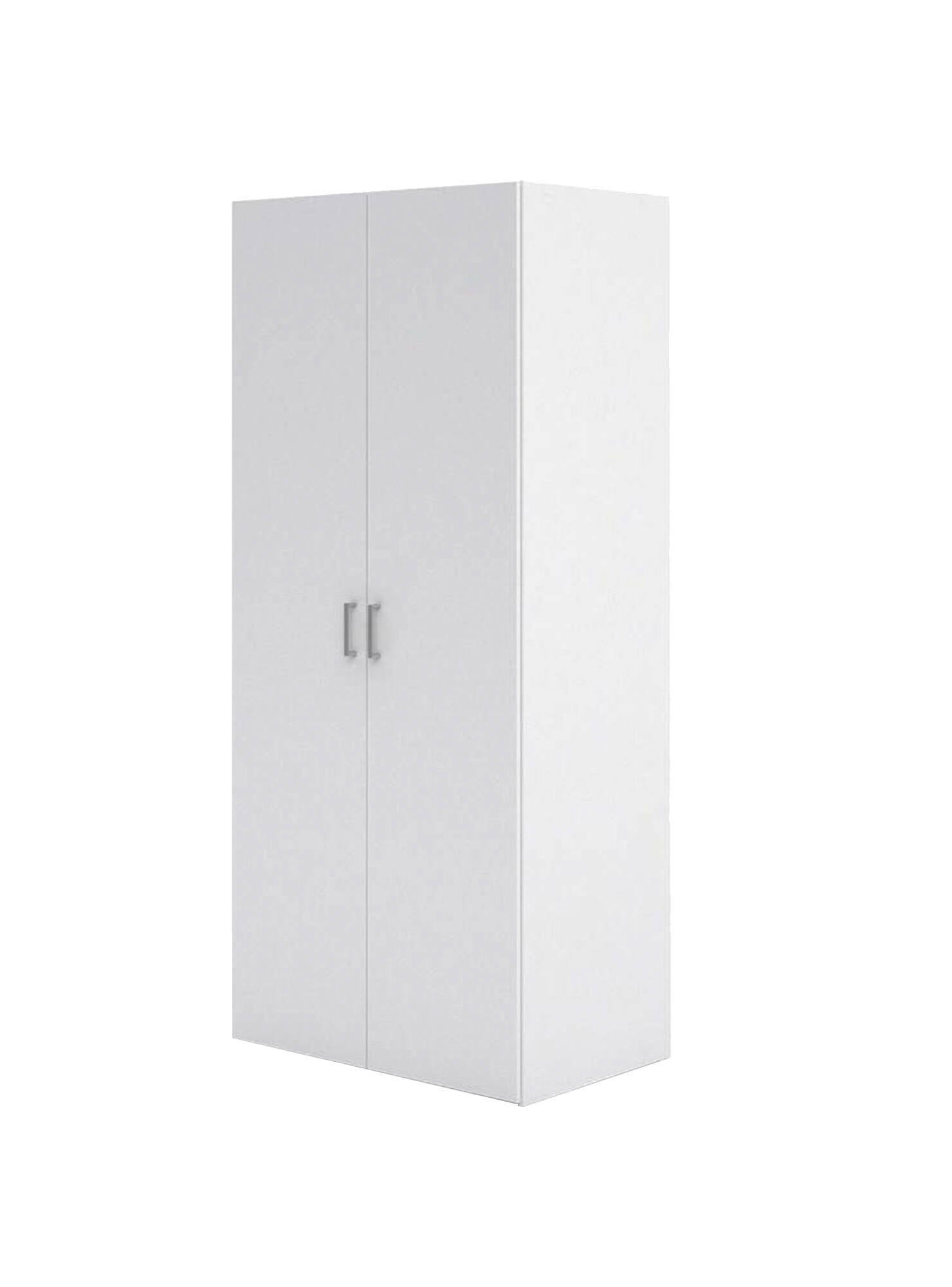 Armadio guardaroba a due ante battenti con due ripiani interni e barra appendiabiti, colore bianco, Misure 77 x 175 x 49 cm