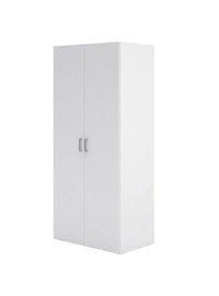 Armadio guardaroba a due ante battenti con due ripiani interni e barra appendiabiti, colore bianco, Misure 77 x 175 x 49 cm