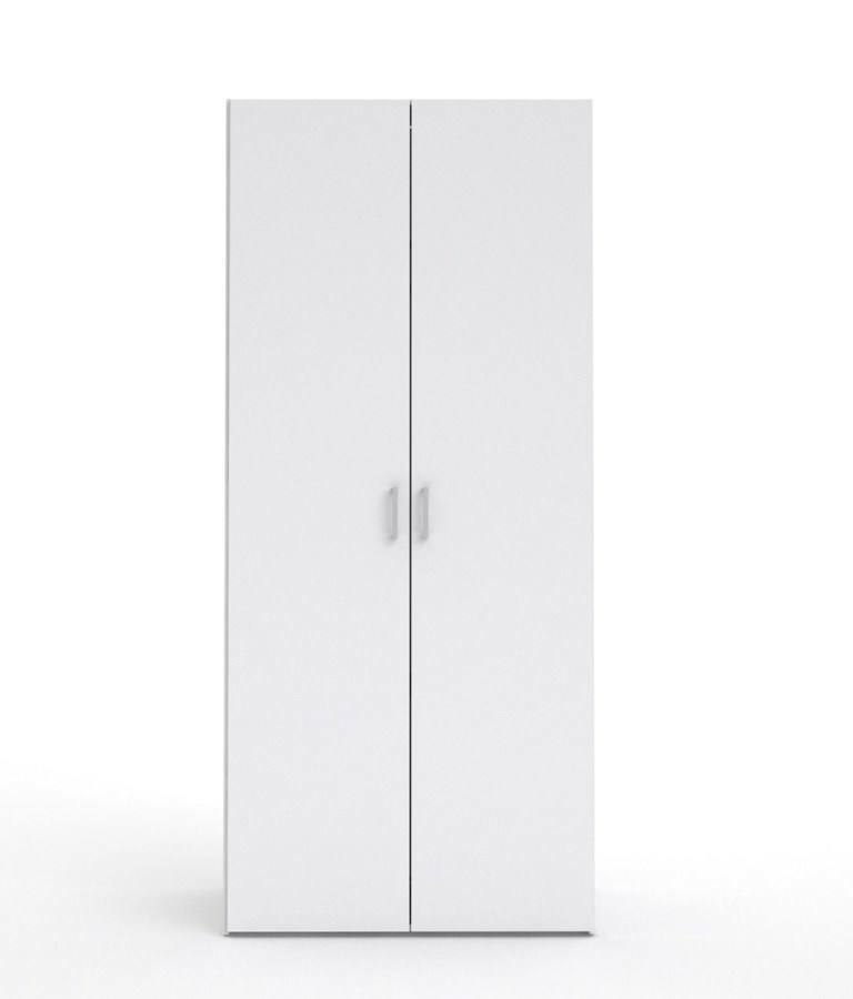 Armadio guardaroba a due ante battenti con due ripiani interni e barra appendiabiti, colore bianco, Misure 77 x 175 x 49 cm