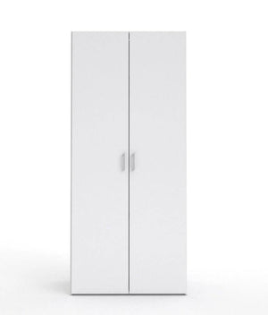 Armadio guardaroba a due ante battenti con due ripiani interni e barra appendiabiti, colore bianco, Misure 77 x 175 x 49 cm