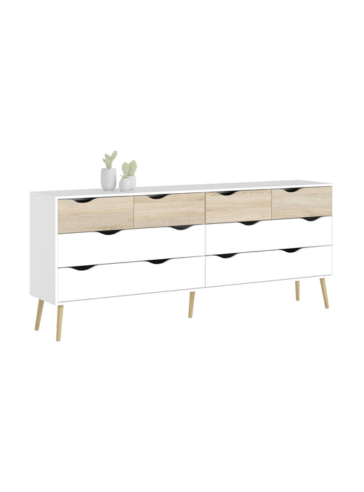 Cassettiera doppia a 8 cassetti, colore bianco e rovere, cm 195 x 81 x 39