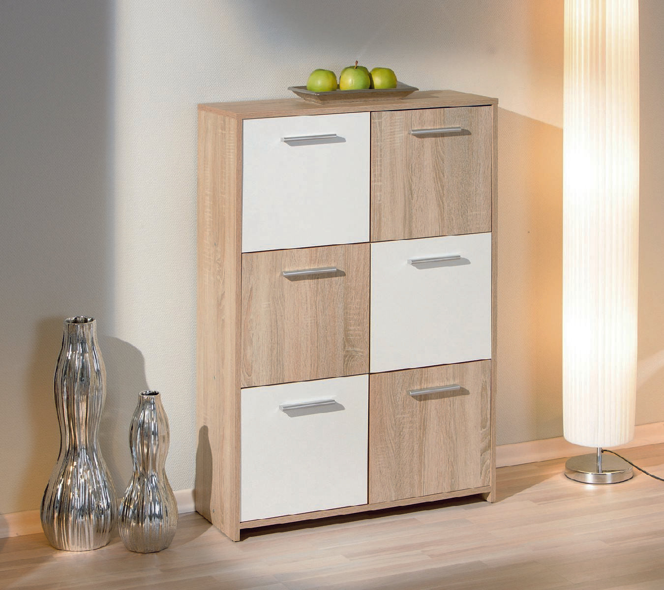 Credenza a sei antine, colore bianco e rovere, Misure 77 x 115 x 30 cm