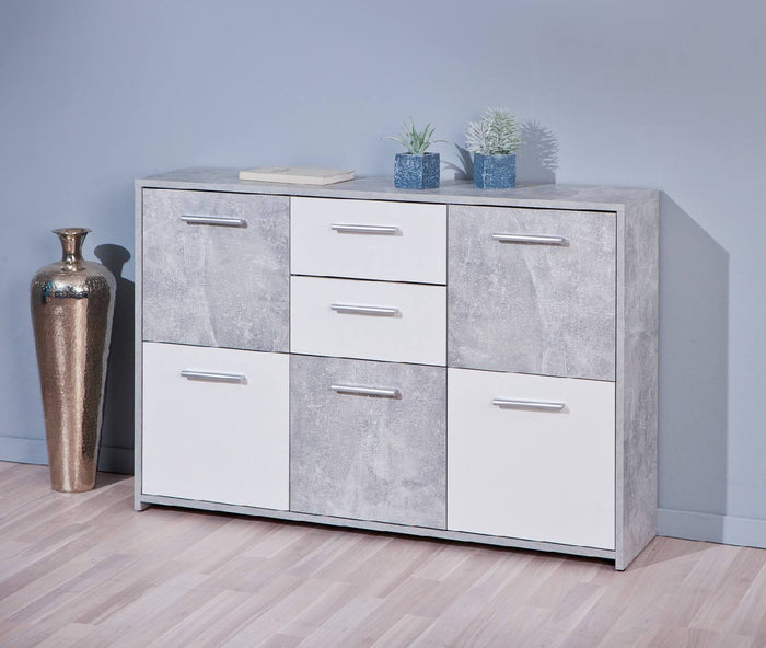 Credenza a cinque ante e due cassetti nella parte centrale, colore bianco e cemento, Misure 115 x 77 x 30 cm