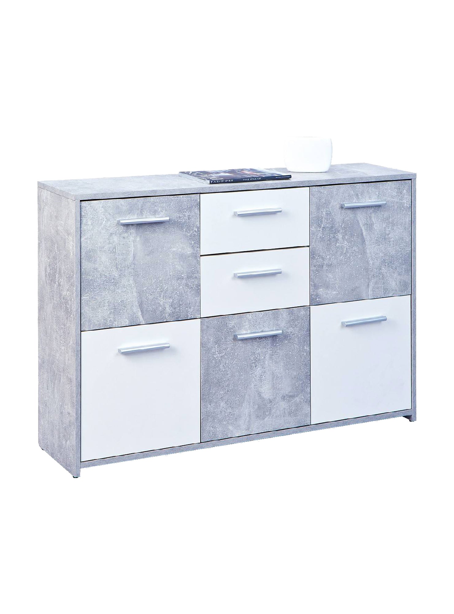 Credenza a cinque ante e due cassetti nella parte centrale, colore bianco e cemento, Misure 115 x 77 x 30 cm