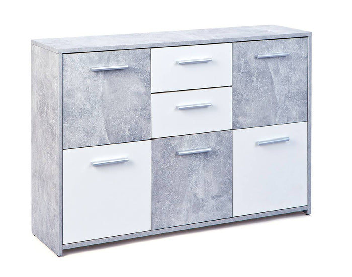 Credenza a cinque ante e due cassetti nella parte centrale, colore bianco e cemento, Misure 115 x 77 x 30 cm