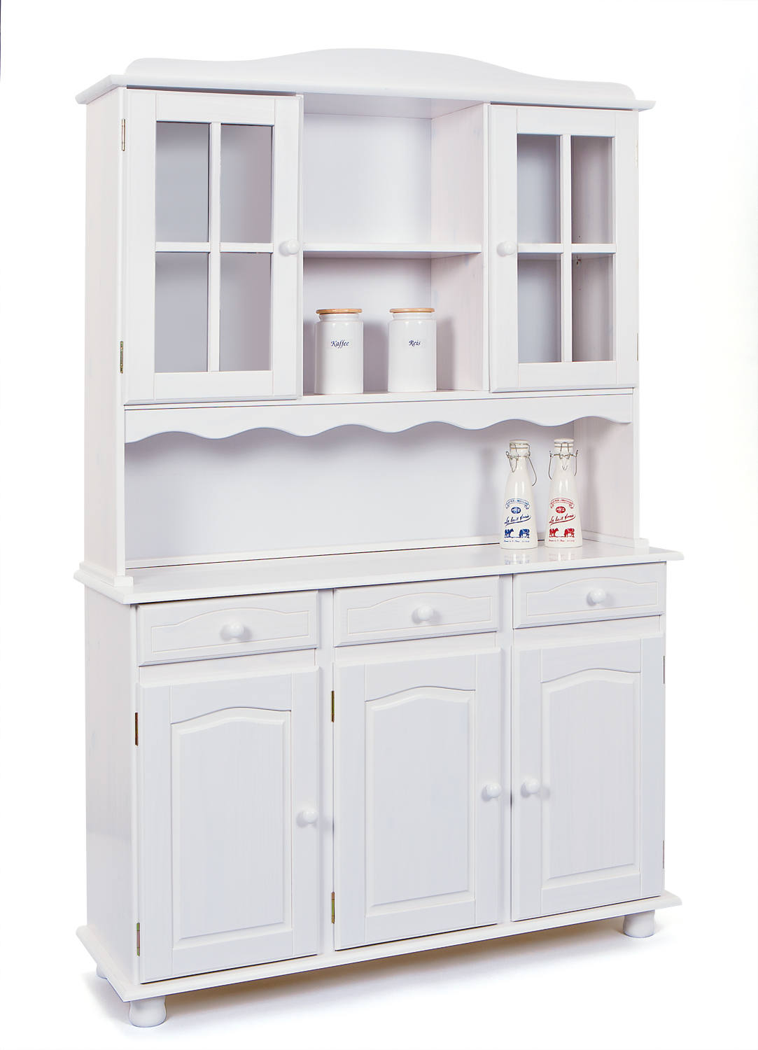 Credenza in con tre ante e cassetti con vetrinetta superiore, colore bianco, cm 130 x 198 x 32