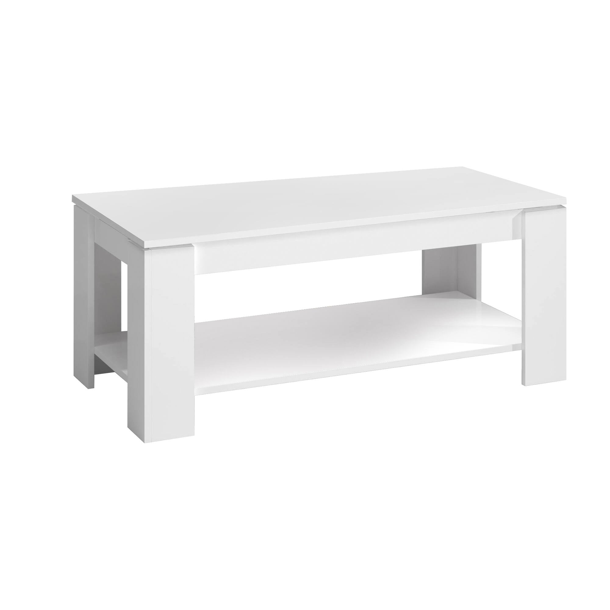 Tavolino da salotto Chicago, Tavolino da caffè con ripiano elevabile, Tavolo basso da soggiorno, cm 102x50h43/54, Bianco opaco