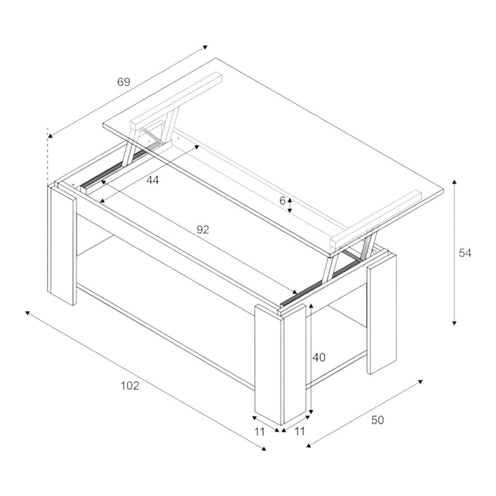 Tavolino da salotto Chicago, Tavolino da caffè con ripiano elevabile, Tavolo basso da soggiorno, cm 102x50h43/54, Bianco opaco