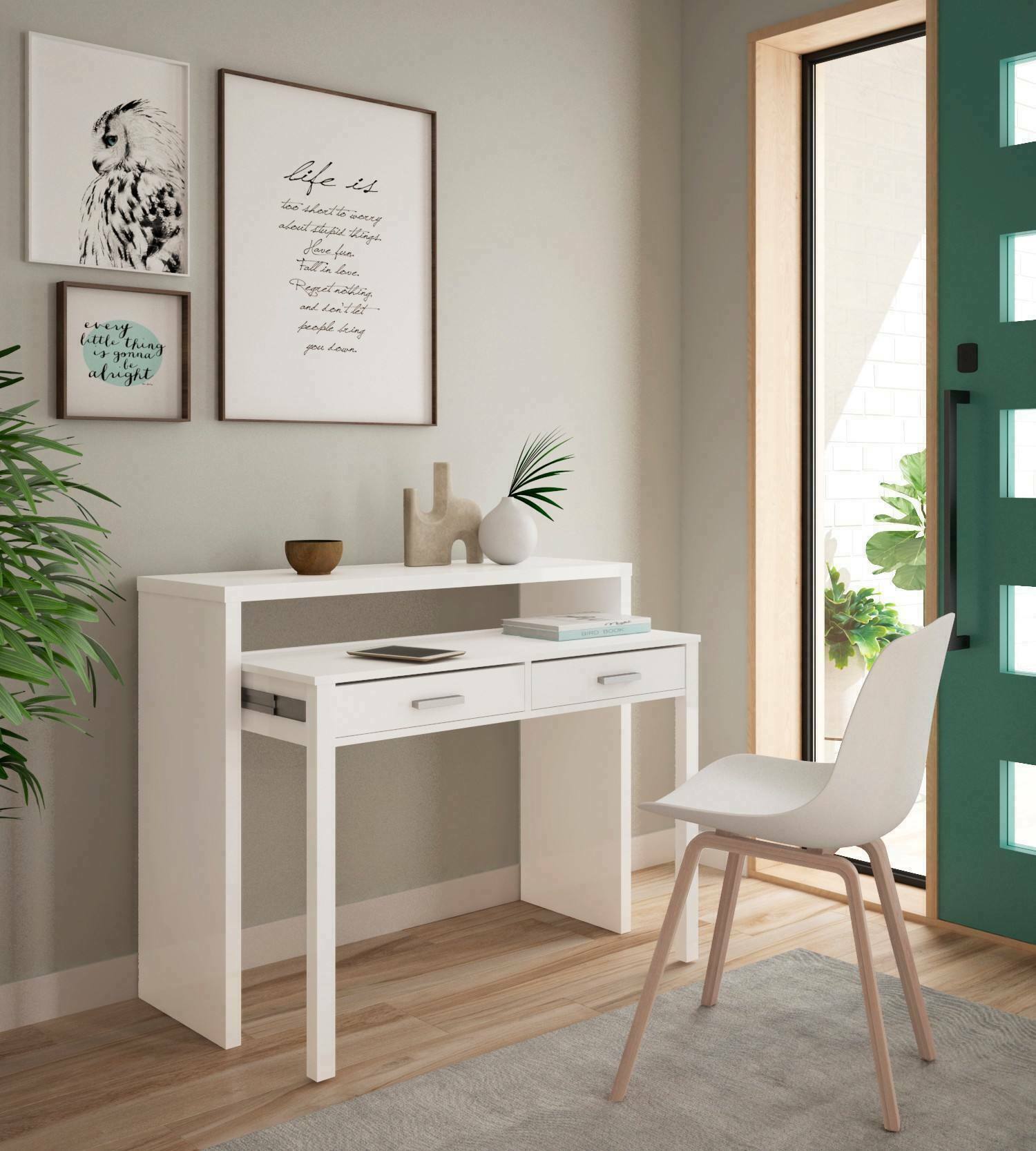 Consolle Billings, Scrivania con piano estensibile, Scrittoio porta PC con 2 cassetti, cm 99x36h88, Bianco