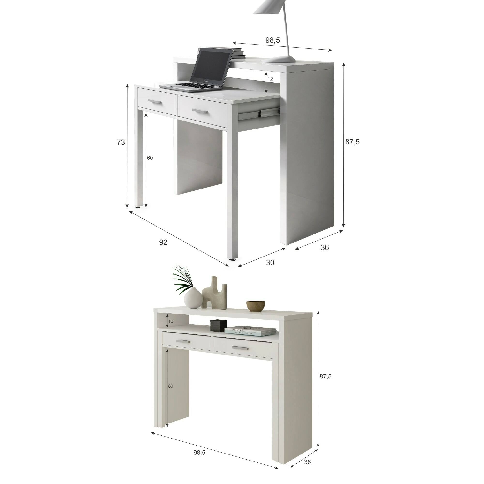 Consolle Billings, Scrivania con piano estensibile, Scrittoio porta PC con 2 cassetti, cm 99x36h88, Bianco