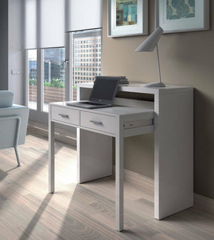 Consolle Billings, Scrivania con piano estensibile, Scrittoio porta PC con 2 cassetti, cm 99x36h88, Bianco