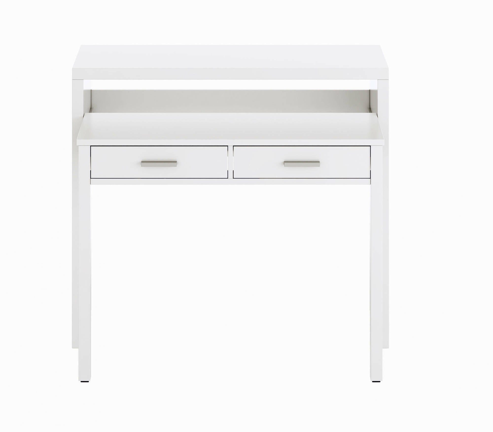 Consolle Billings, Scrivania con piano estensibile, Scrittoio porta PC con 2 cassetti, cm 99x36h88, Bianco