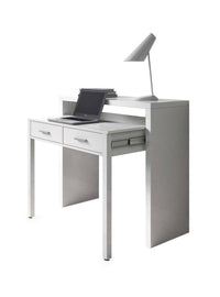 Consolle Billings, Scrivania con piano estensibile, Scrittoio porta PC con 2 cassetti, cm 99x36h88, Bianco