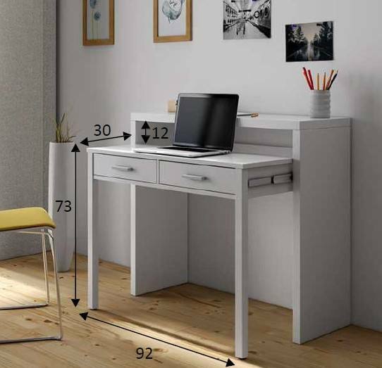 Consolle Billings, Scrivania con piano estensibile, Scrittoio porta PC con 2 cassetti, cm 99x36h88, Bianco