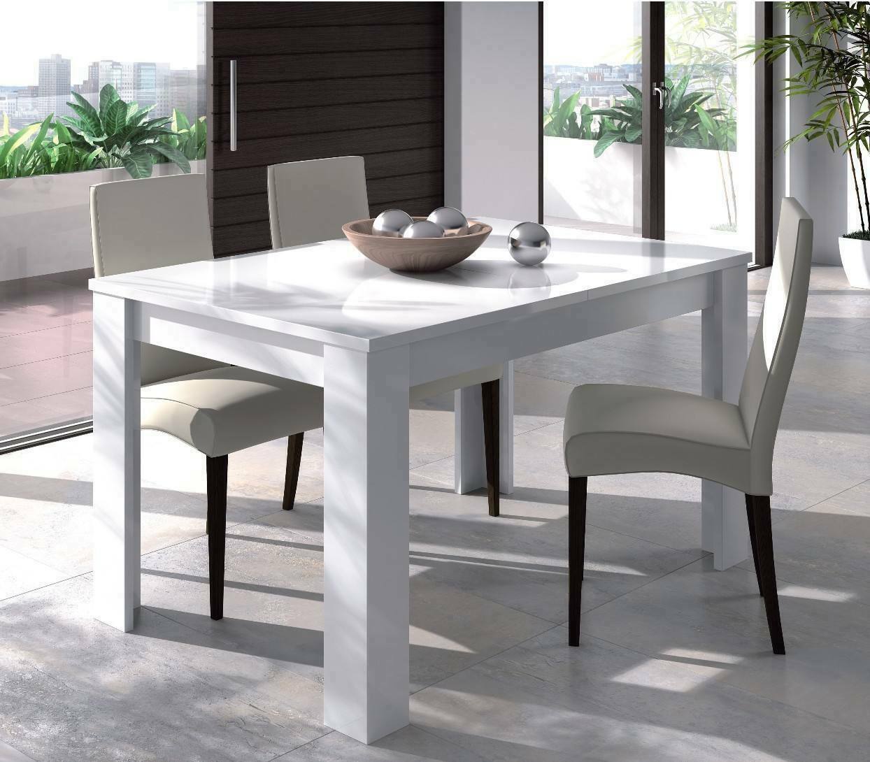 Tavolo allungabile Midland, Tavolo per sala da pranzo allungabile, Tavolo da pranzo estensibile con allunga, cm 140/190x90h78, Bianco lucido